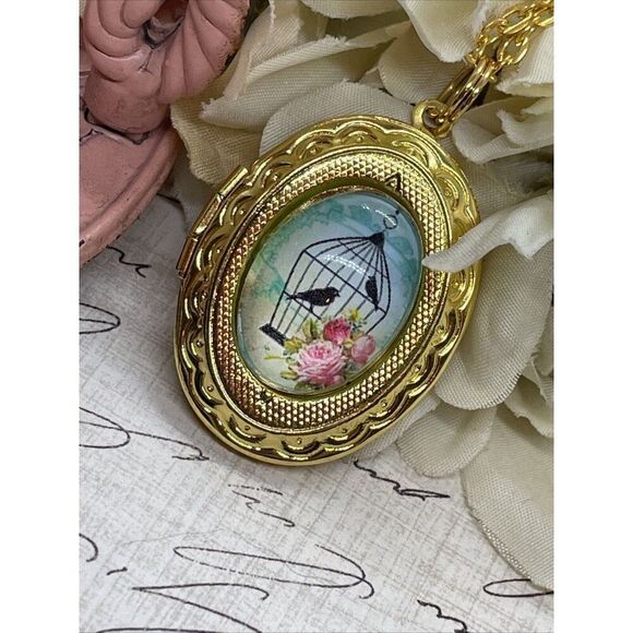 Bright Gold Bird Cage Victorian Locket Necklace Pendant Wedding Mother's day - Picture 4 of 15